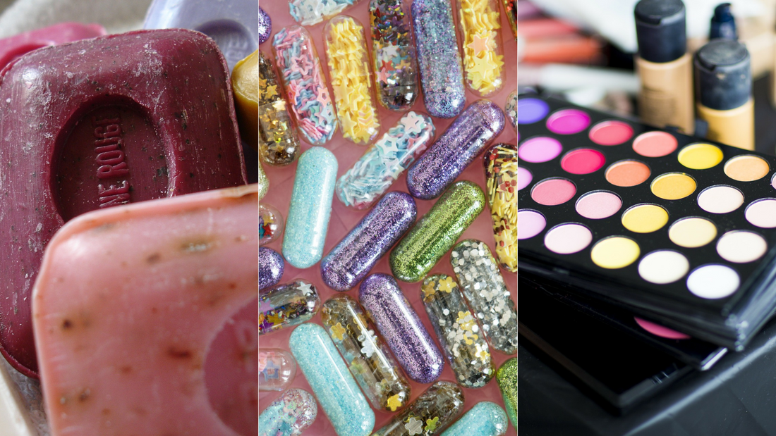 a tryptic image of soap, drug capsules, and make up
