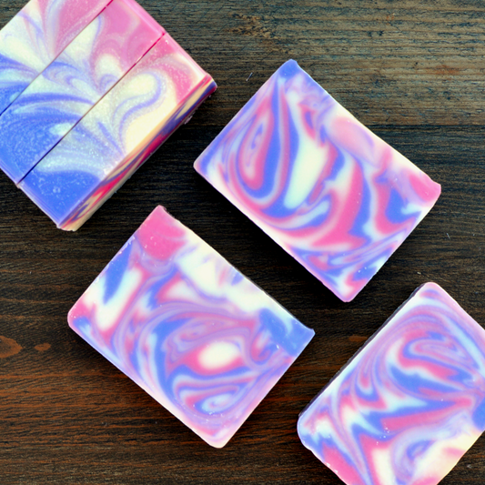 Pink and purple bars of soap